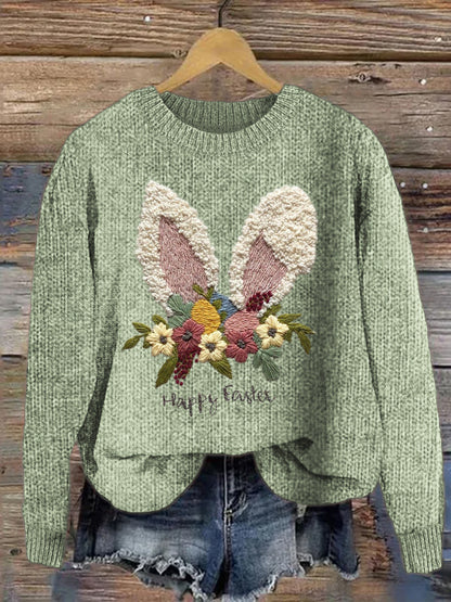 Happy Easter Bunny Floral Pattern Cozy Knit Sweater artswardrobe