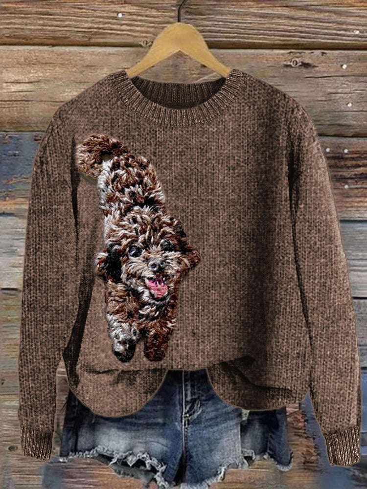 Comstylish Lovely Chocolate Poodle Dog Embroidered Cozy Sweater