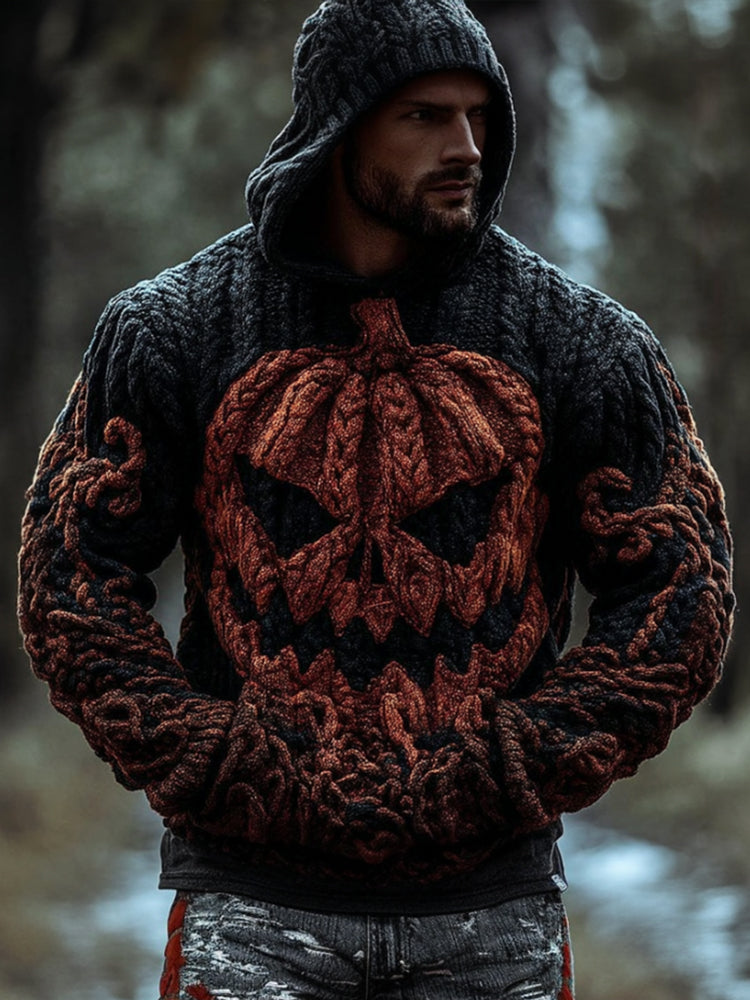 Men's Halloween Pumpkin Head Thick Needle Made Old Hooded Sweater artswardrobe