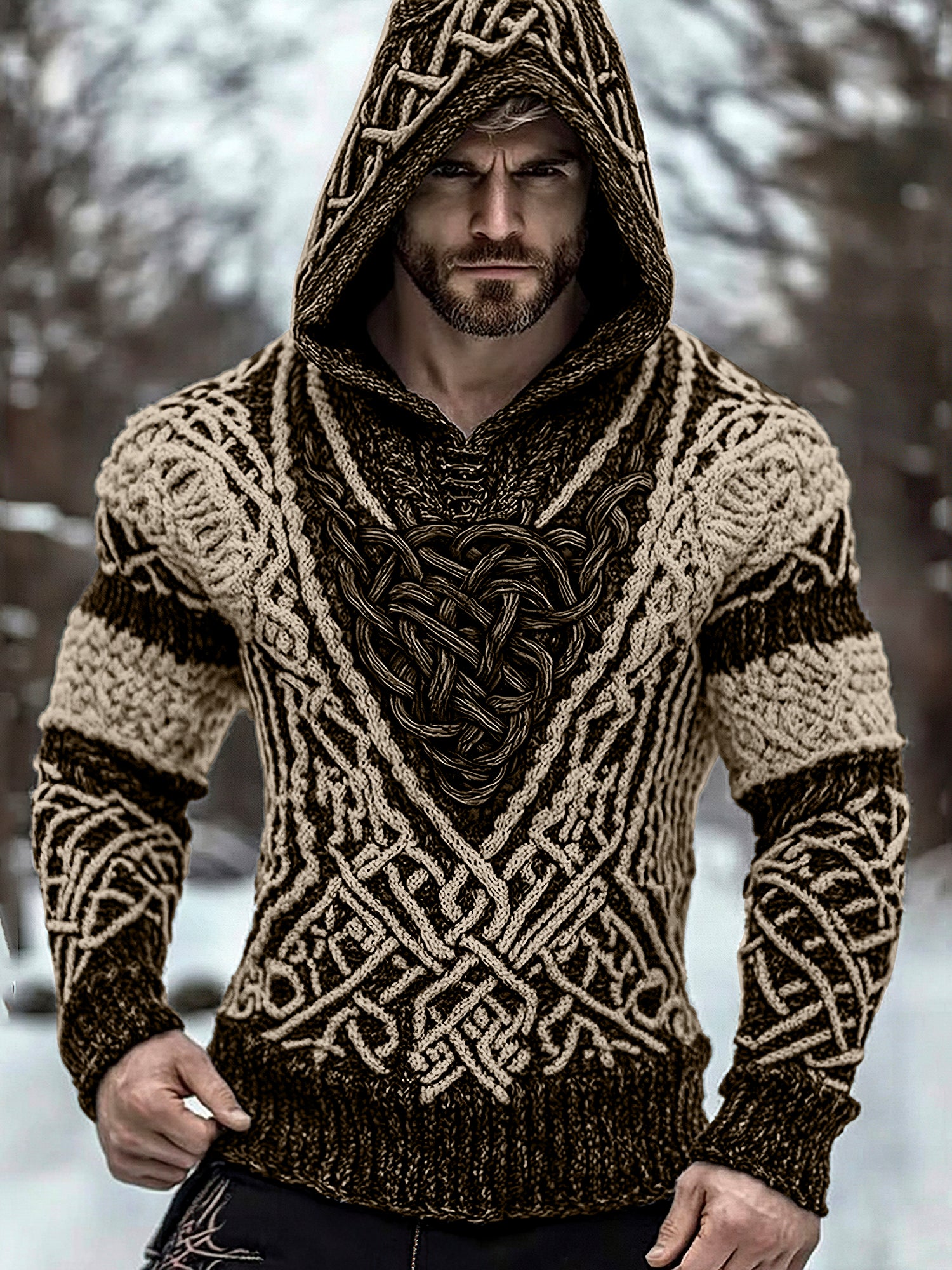 Men's Viking Jacquard Inspired Celtic Hooded Sweater elevenforest