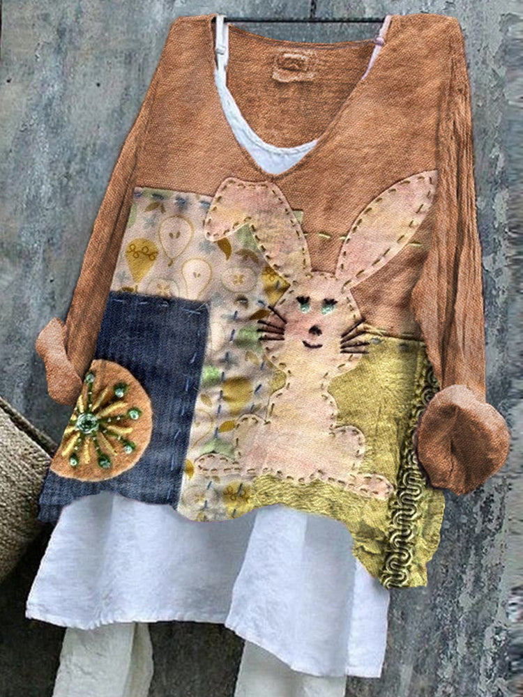 Women's Vintage Patchwork Bunny Pattern Linen Blend Shirt artswardrobe