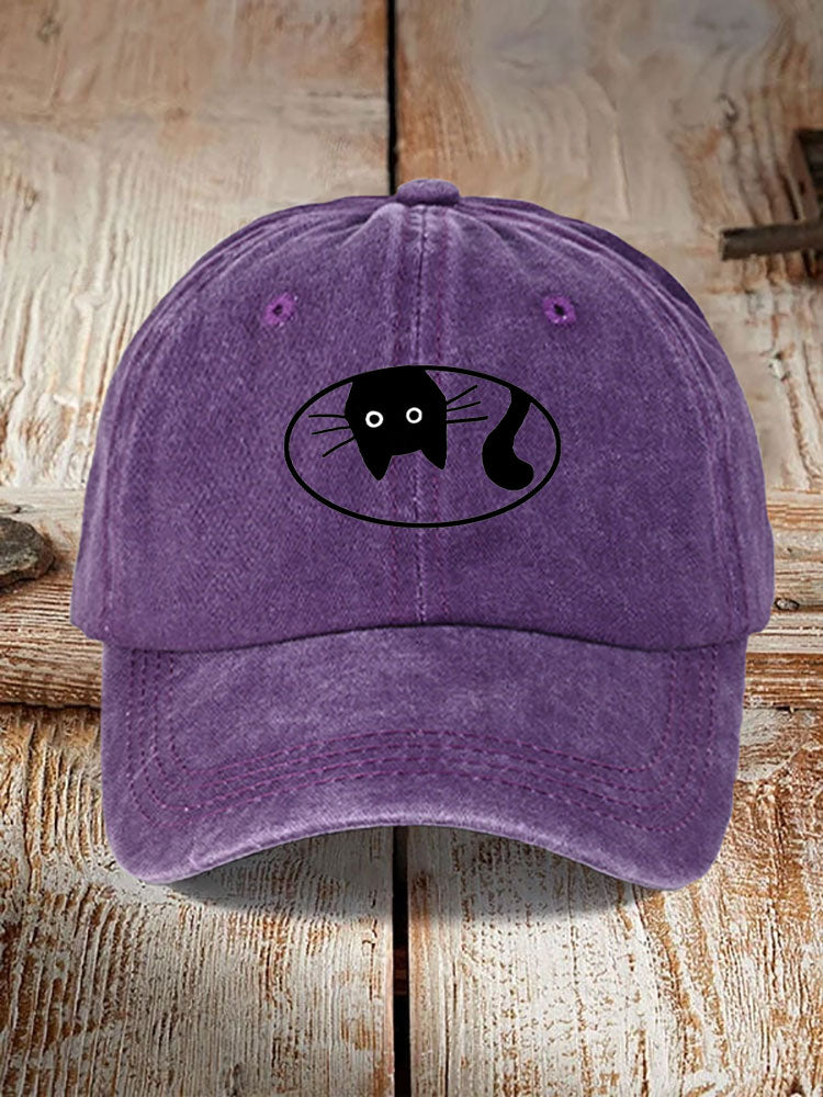 Japanese Art Black Cat Print Washed Hat elevenforest