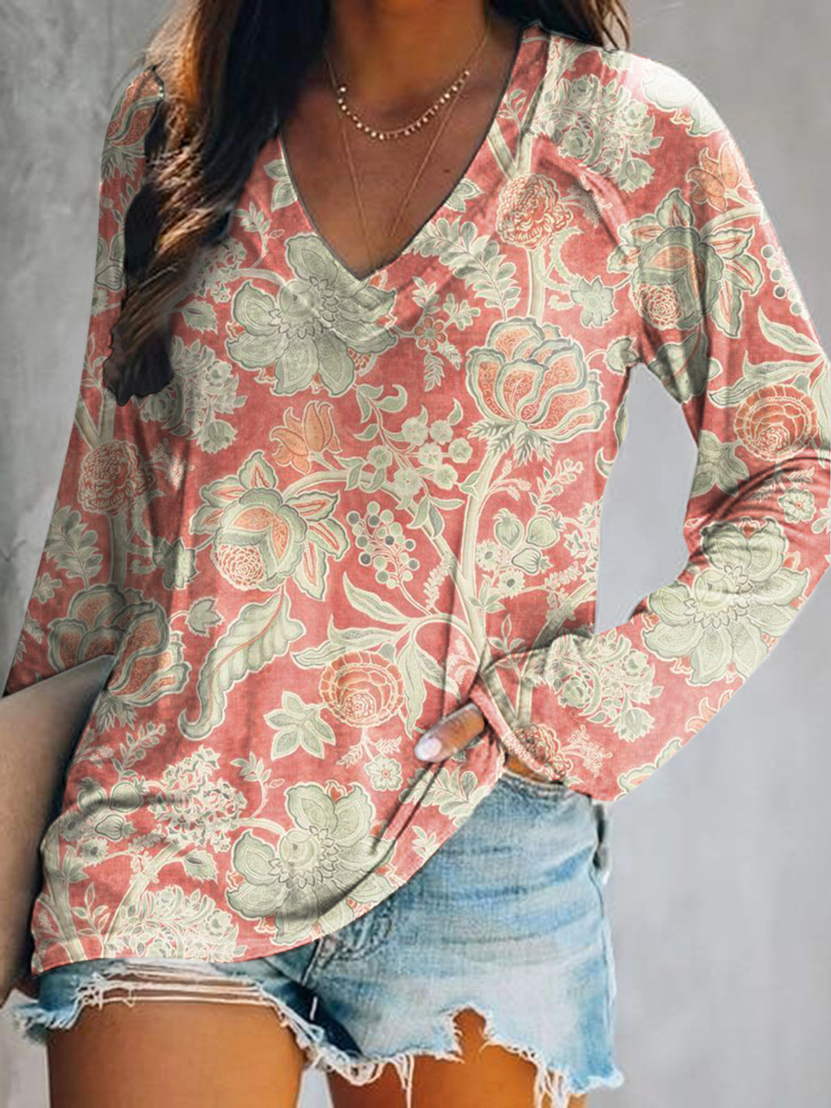 Women's Casual Vintage Ethnic Floral Art Print V Neck Long Sleeve Tops