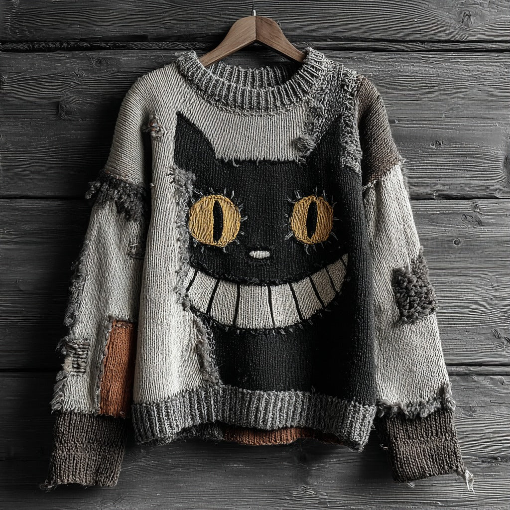 Unisex Halloween Black Cat Smile Face Contrast Stitched Cozy Knit Sweater