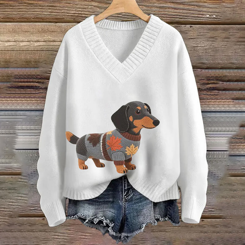 Vintage Dachshund Felt In Gradient Art Inspired Embroidered Cozy Knit Sweater artswardrobe