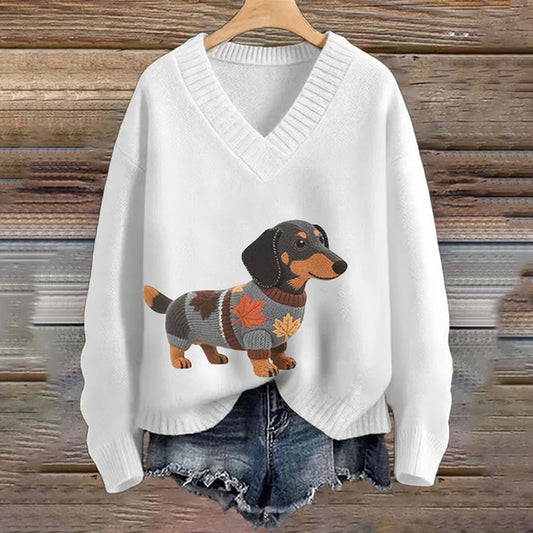 Vintage Dachshund Felt In Gradient Art Inspired Embroidered Cozy Knit Sweater artswardrobe