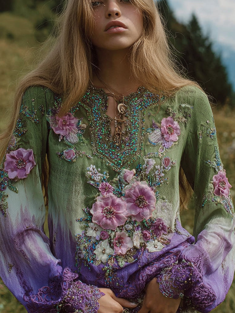 Comstylish Women's Vintage Tie-dye Embroidered Casual Vintage Long-sleeved Shirt