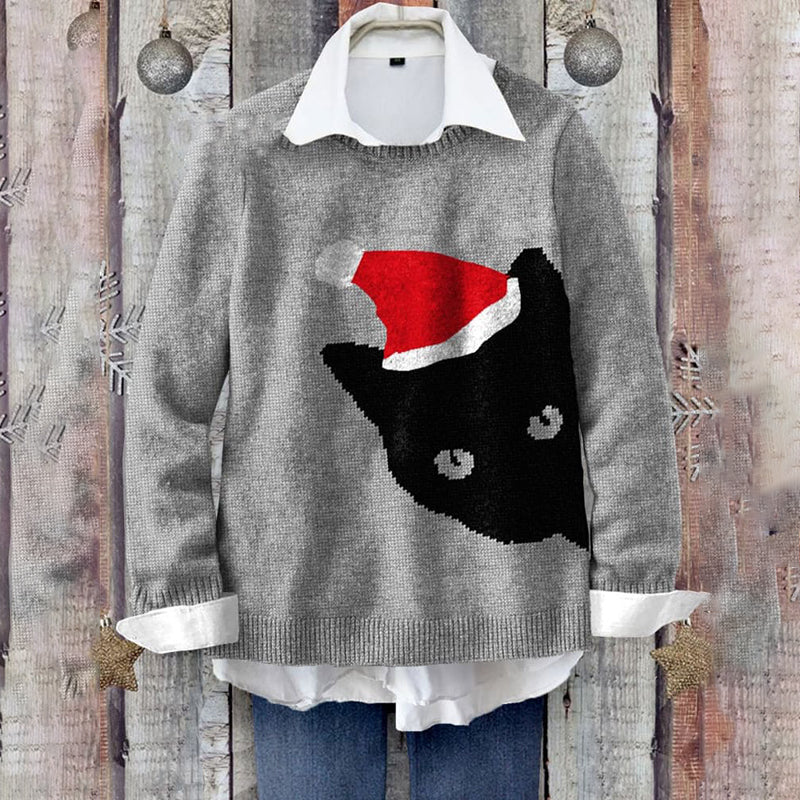 Christmas Black Cat Art Print Knit Pullover Sweater elevenforest