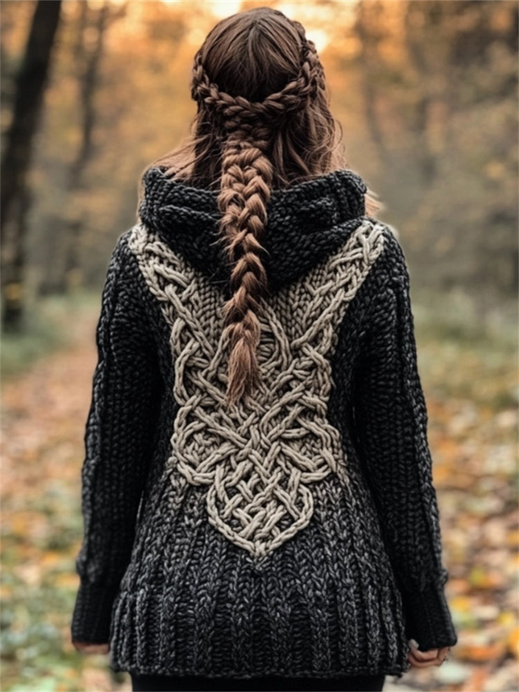 Vintage Mystical Celtic Knot Cozy Chunky Hooded Cardigan artswardrobe