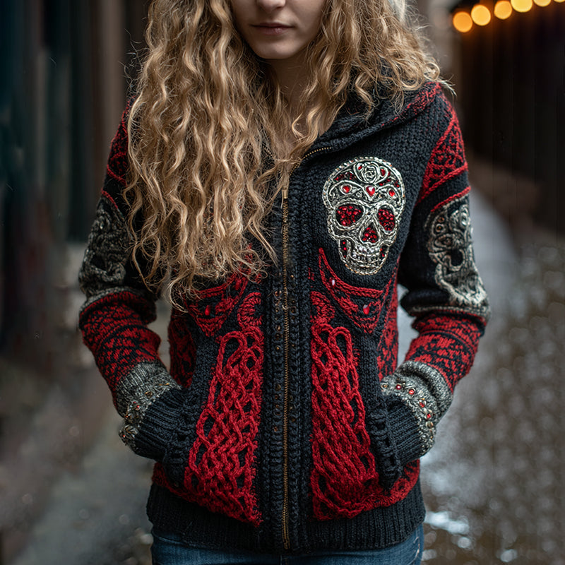 Women's Rose And Skull Inspired Chunky Zipper Knitted Hooded Cardigan artswardrobe