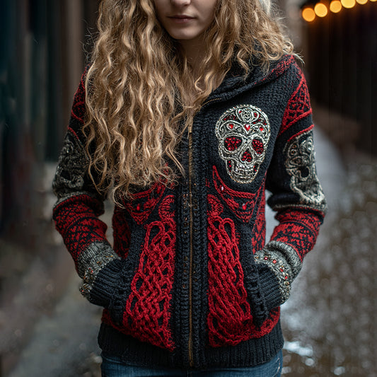 Women's Rose And Skull Inspired Chunky Zipper Knitted Hooded Cardigan artswardrobe
