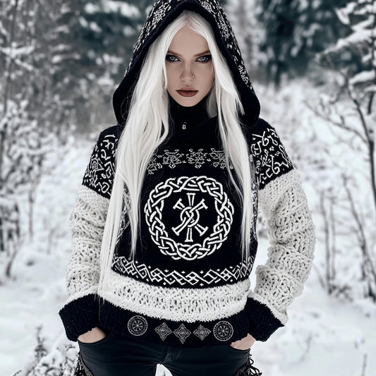 Viking Tribal Celtic Cable Knit Hooded Sweater artswardrobe