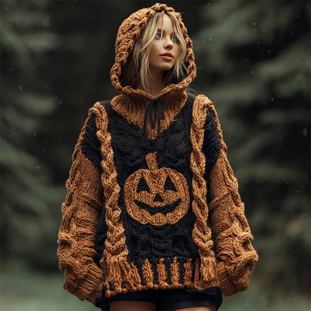 Halloween Pumpkin Light Emoji Women's Chunky Knit Hooded Sweater artswardrobe