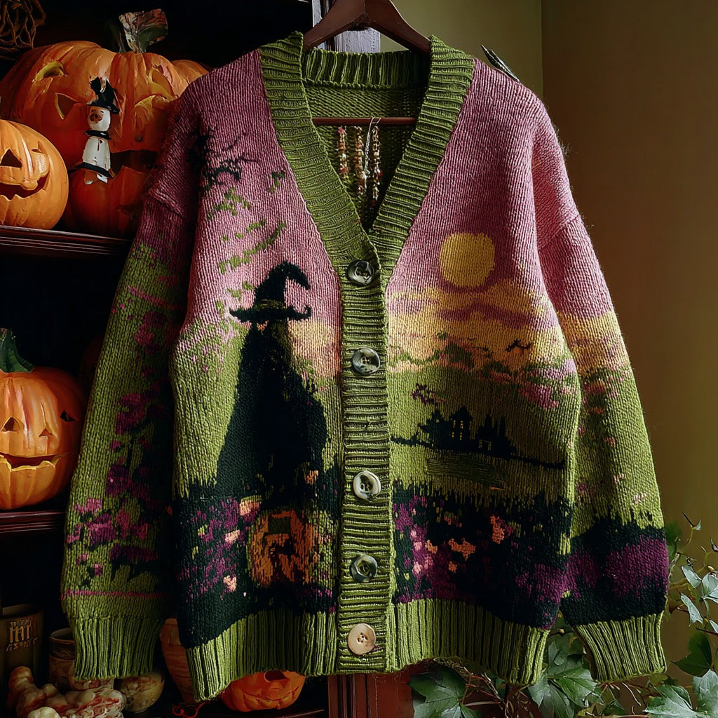 Halloween Witch Pattern Knitted Warm Sweater Cardigan elevenforest