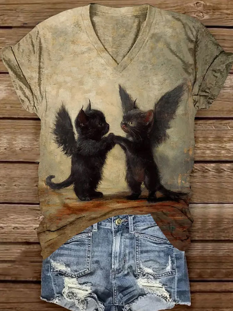 Comstylish Women's Black Cat Art Print Casual T-shirt