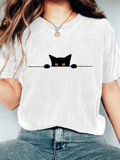 Comstylish Women's Casual Funny Black Cat Print T-shirt