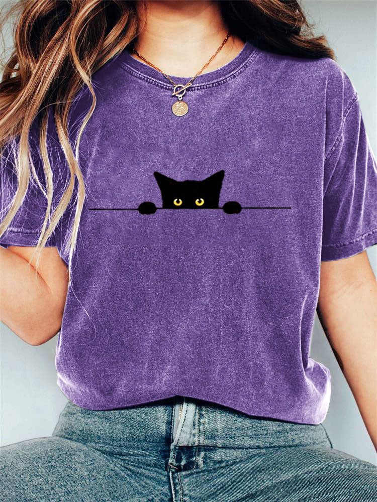 Comstylish Women's Casual Funny Black Cat Print T-shirt