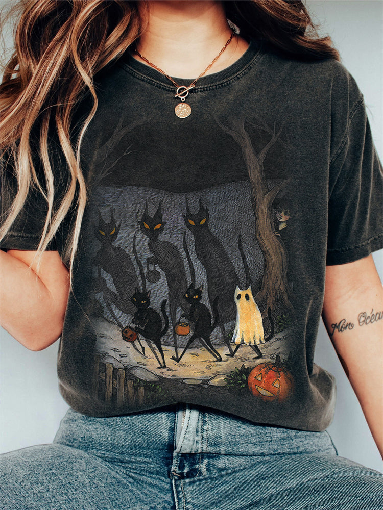 Black Cats Halloween Vintage Washed T Shirt elevenforest