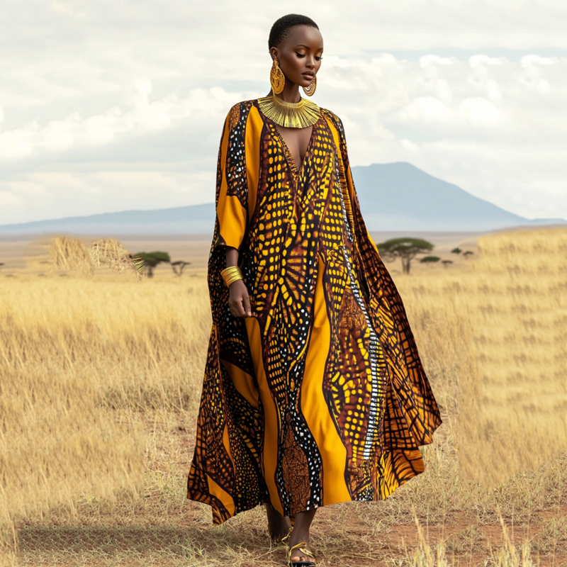 Black Ladies' African Tribal Art Linen V-neck Long Dress artswardrobe