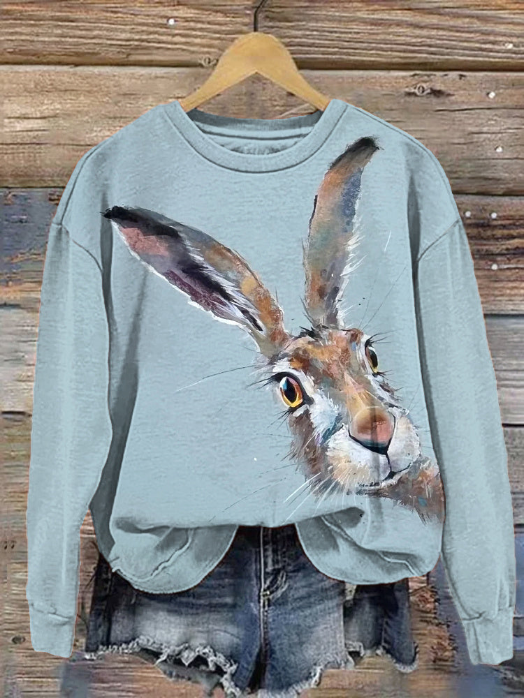 Watercolor Bunny Print Casual Cozy Sweatshirt artswardrobe