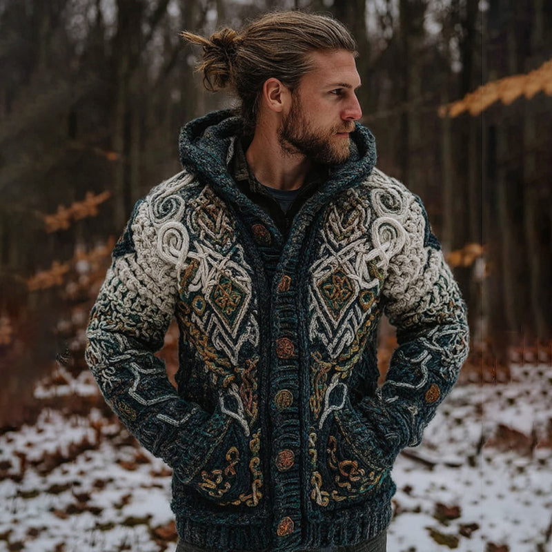Men's Vintage Viking Gradient Art Jacquard Knitted Cozy Hooded Cardigan artswardrobe