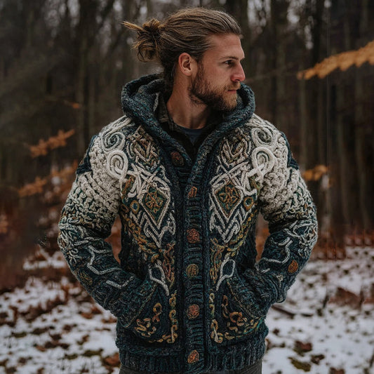 Men's Vintage Viking Gradient Art Jacquard Knitted Cozy Hooded Cardigan artswardrobe