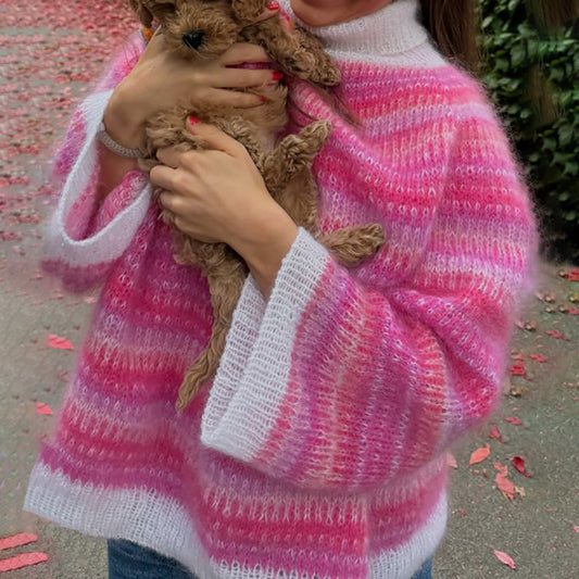 Pink Cancer Awareness Pink Striped Icelandic Jacquard Turtle Neck Sweater elevenforest