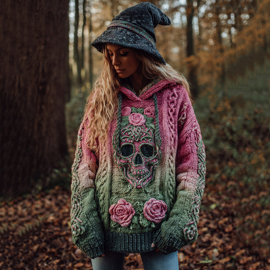 Women's Viking Tribal Jacquard Celtic With Rose And Skull Inspired Chunky Knit Hooded Sweater elevenforest