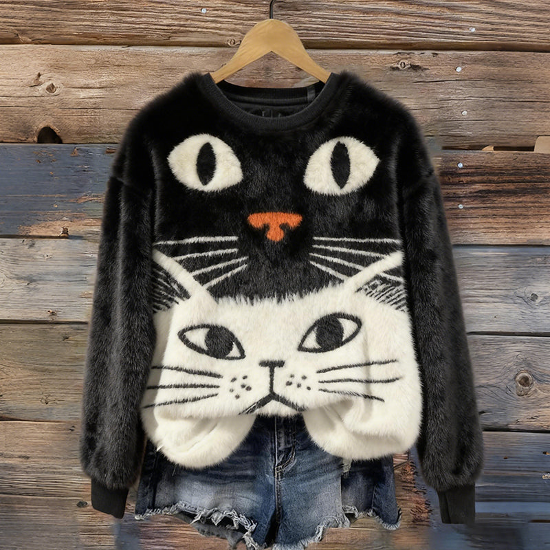 Comstylish Cute And Fun Cat Pattern Warm Crew Neck Sweater