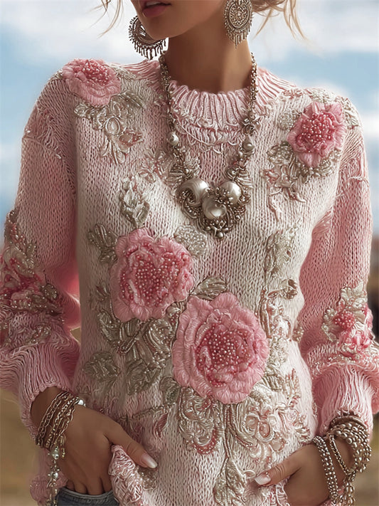 Vintage Pink Roses Beaded Embroidered Cozy Knit Sweater elevenforest