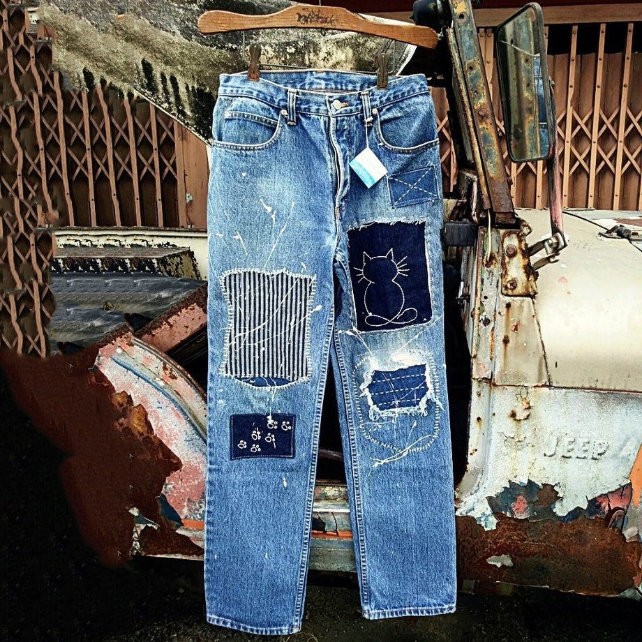 Japanese Style Sashiko Spliced ​​cat Pattern Design Jeans