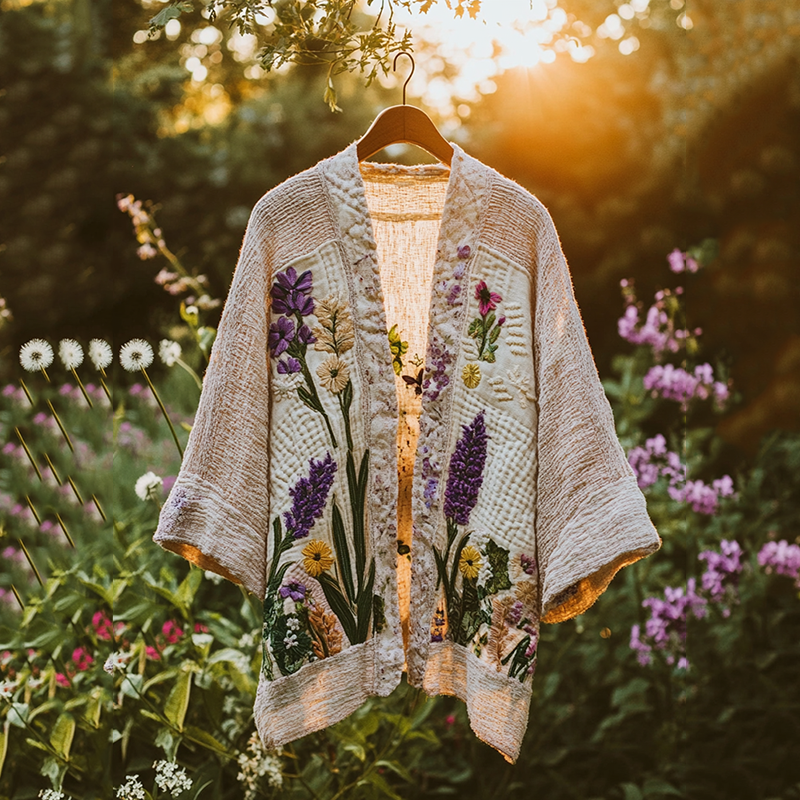 Women's Vintage Breathable Linen Lavender Floral Kimono artswardrobe