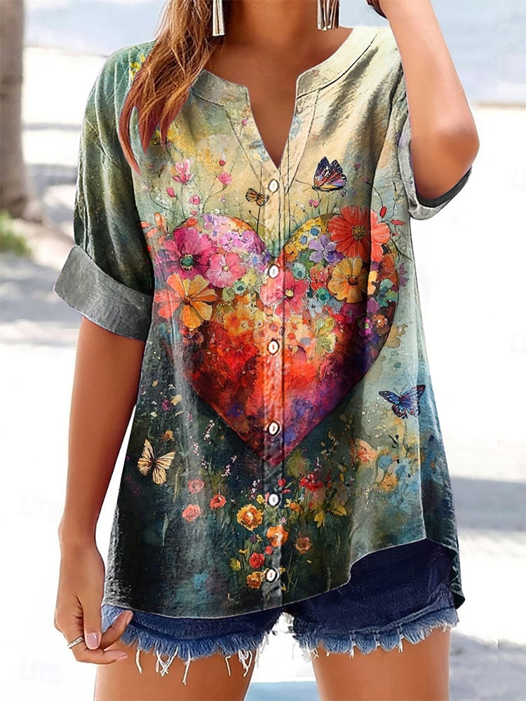 Women's Floral Heart Pattern Art Print Cotton Linen Short Sleeve Shirt