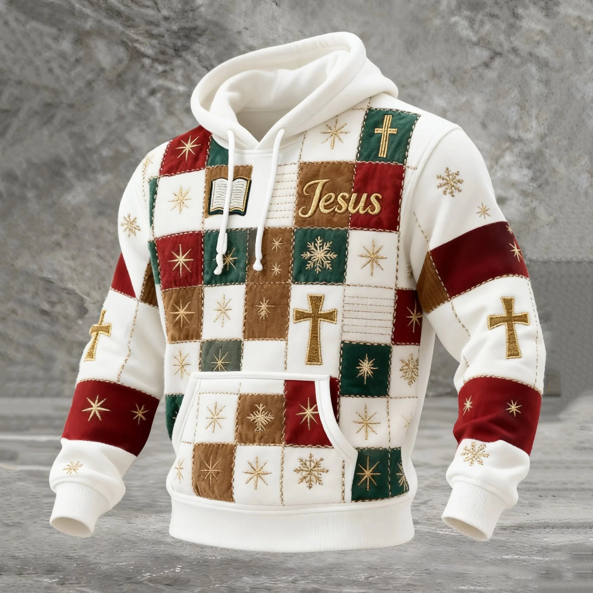 Comstylish Men's Faith Christmas Patchwork Print Casual Hoodie
