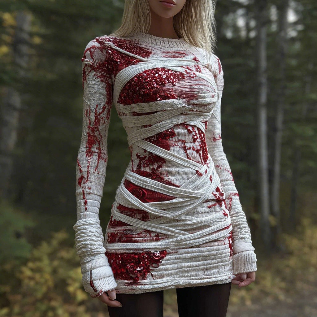Classy Sequins Bloody Bandages Knit Sweater Dress artswardrobe