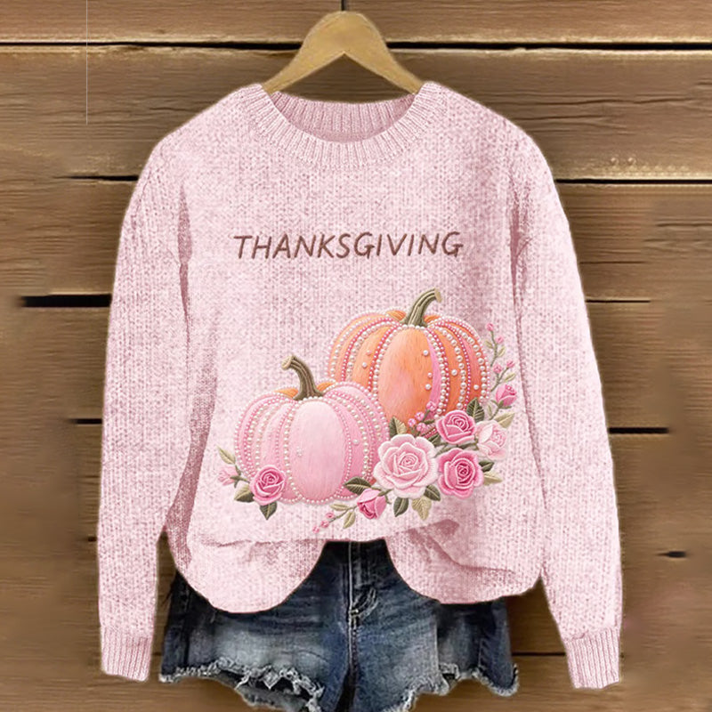 Women's Pink Floral Pumpkin Embroidered Knit Print Sweater elevenforest