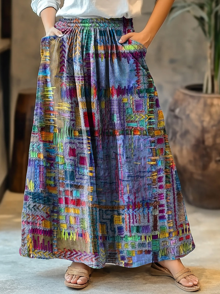 Women's Vintage Ethnic Collage Texture Art Print Cotton Pocket Skirt