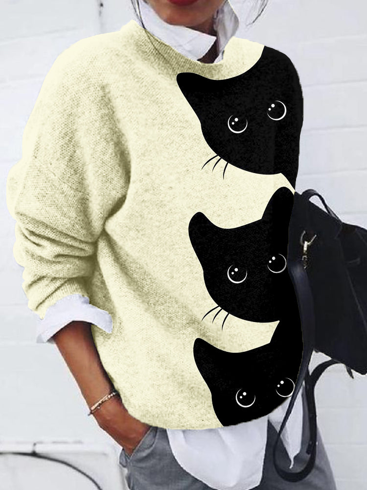 Peeking Black Cats Pattern Cozy Knit Sweater elevenforest