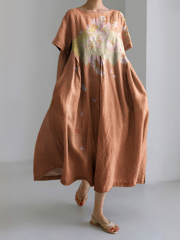 Japanese Art Print Casual Short Sleeve Loose Midi Dress