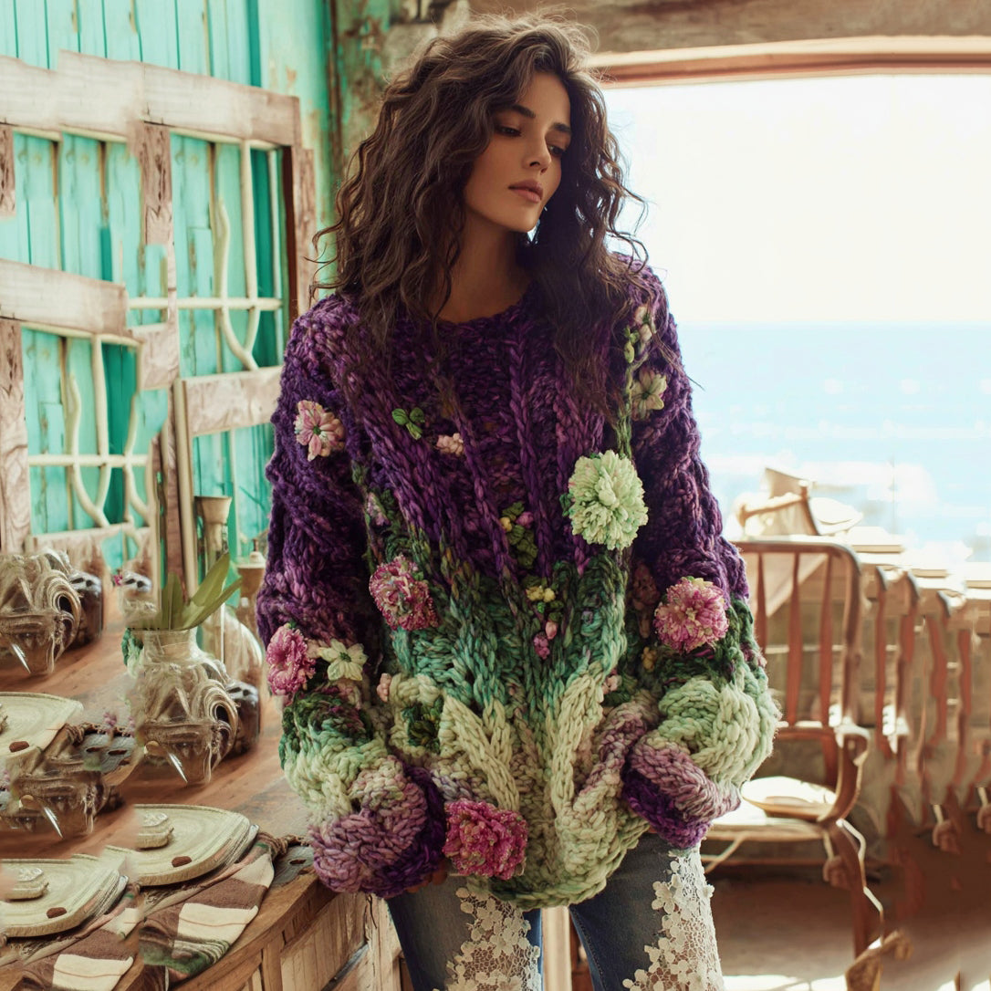 Women's Bohemian Chunky Knit Crochet Floral Ombre Crew Neck Sweater elevenforest