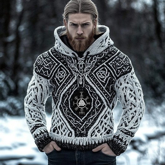 Men's Viking Rune Embroidered Comfortable Chunky Hooded Sweater artswardrobe