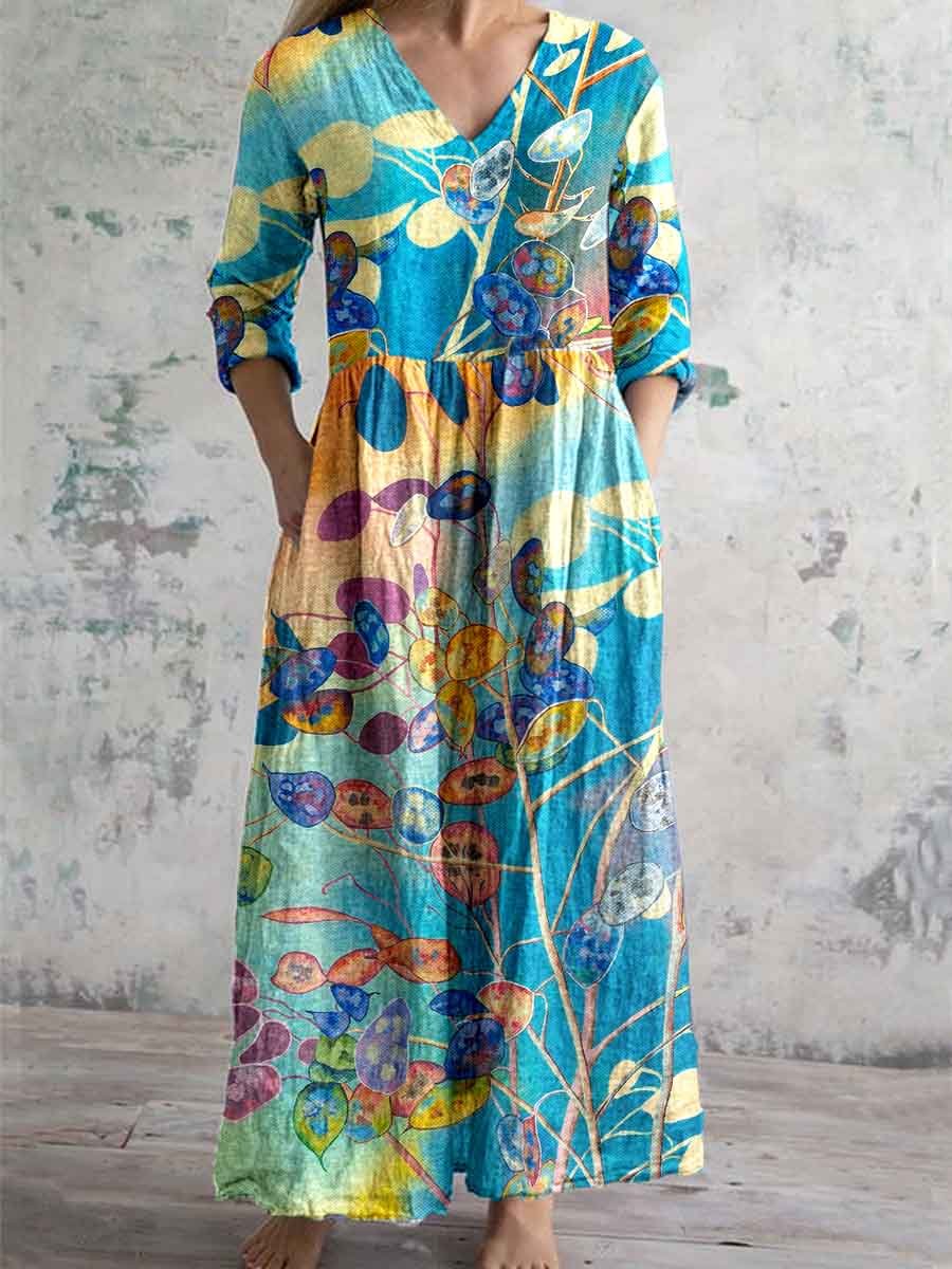 Women's Vintage Elegant Art Floral Pattern Cotton and Linen Dress with