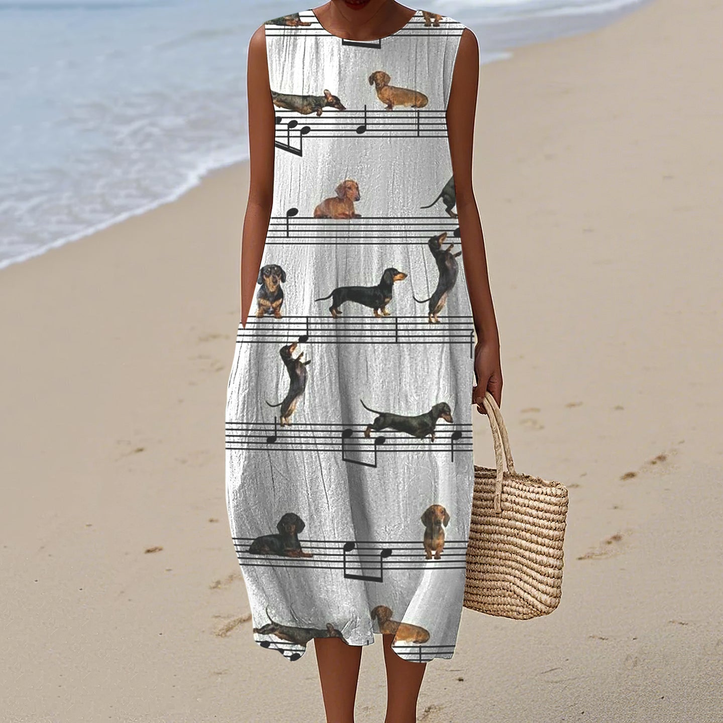 Comstylish Retro Musical Note Dachshund Puppy Art Linen Tank Midi Dress