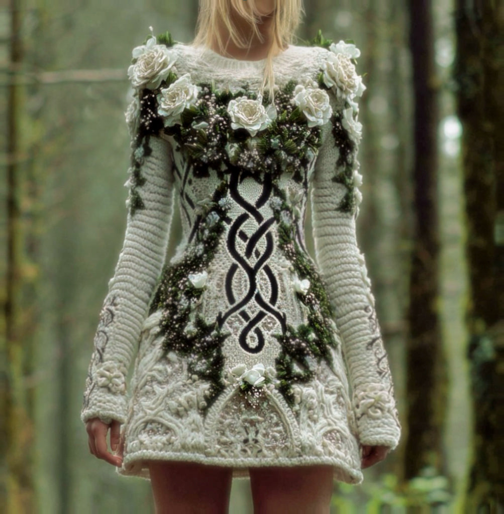 Women's Viking Celtic Knot With Rose And Moss Art Cozy Knit Mini Sweater Dress artswardrobe