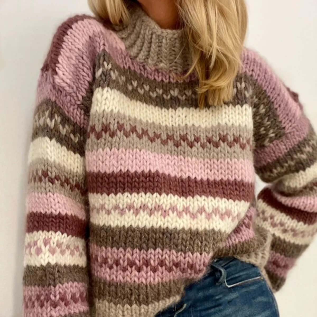 Geometric Contrast Jacquard Color Block Mid Neck Sweater elevenforest