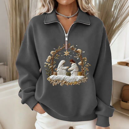 Comstylish Women's Nativity Night Print Zipper Sweatshirt