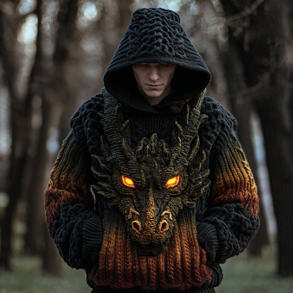 Men's Viking Dragon Head Three-dimensional Knitted Pattern Hooded Sweater artswardrobe