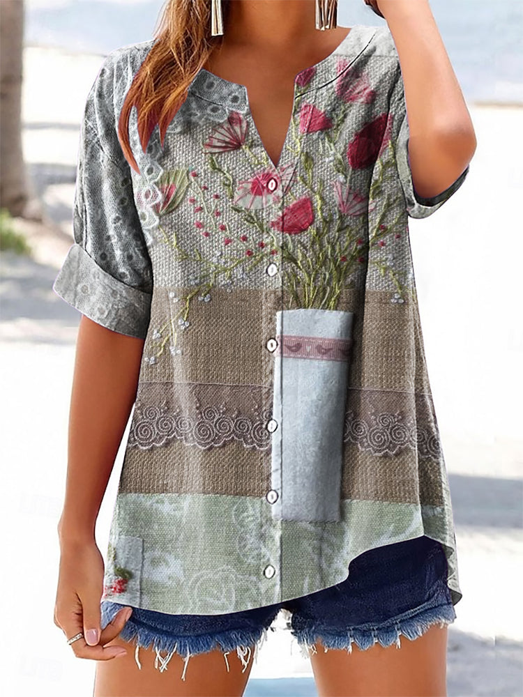Women's Floral Patchwork Pattern Art Print Cotton Linen Casual Shirt