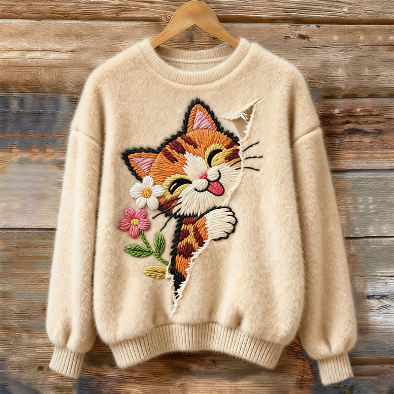 Comstylish Cute Sweet Cat Art Women's Cozy Plush Sweater