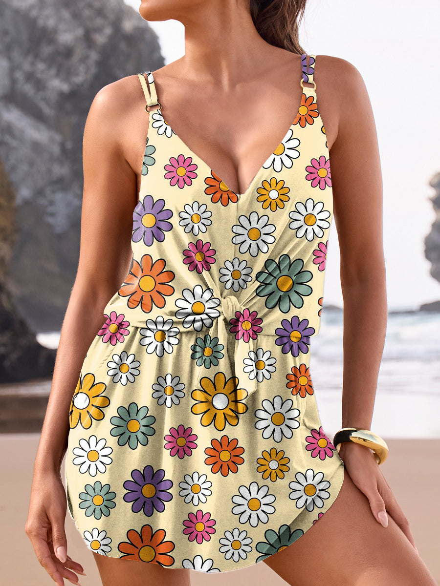 Floral Art Print V-Neck Bra Pantskirt Bikini Set